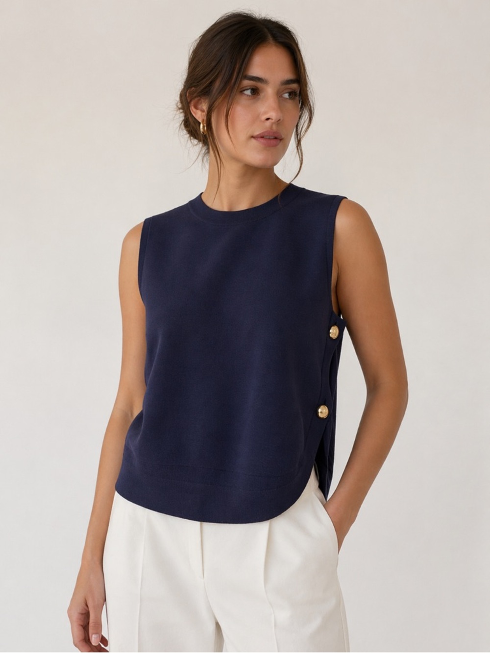 Zara Navy Sleeveless Shell with Gold Side Buttons
